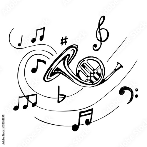 French horn with notes.