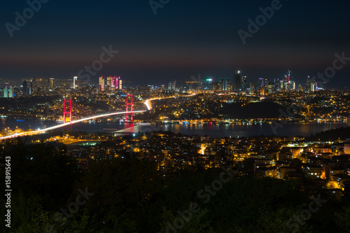 Panorama of Istanbul and Bosphorus bridge at night  Istanbul  Turkey