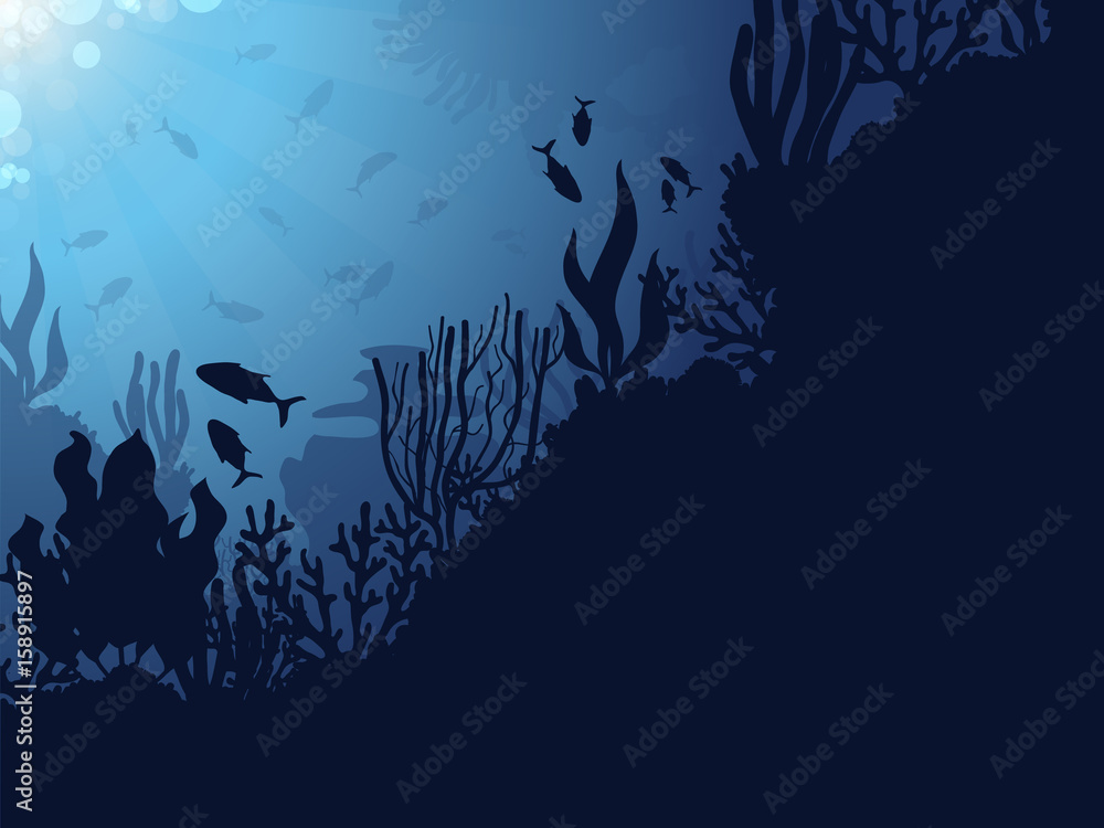 Naklejka premium Underwater Coral Reef Background with Fishes. 