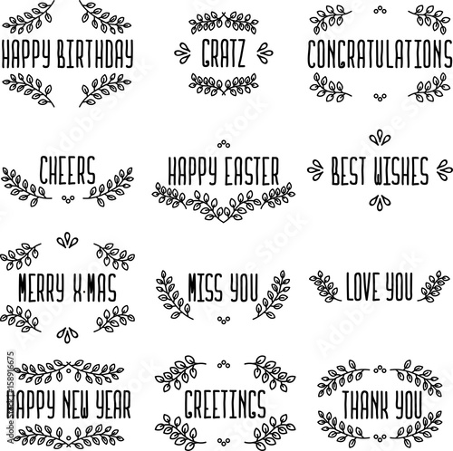 Rustic set of greeting cards. Signs and frames. Contain happy birthday, gratz, congratulations, cheers, happy easter, best wishes, merry x-mas, miss you, love you, happy new year, greetings, thank you