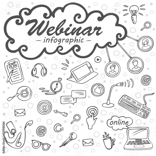 Webinar infographic, Icons for online education,  e-learning, web seminar / Set of freehand vector icons in outline style 