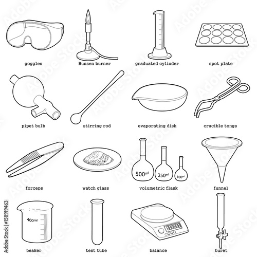 Chemical laboratory tools icons set, outline style