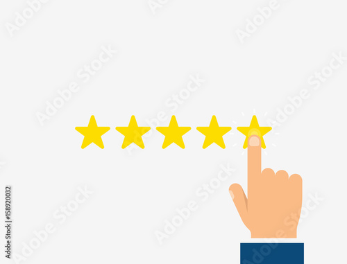 Hand with pointing finger and five stars. Customer reviews, rating, good feedback concept.  Modern vector flat design.