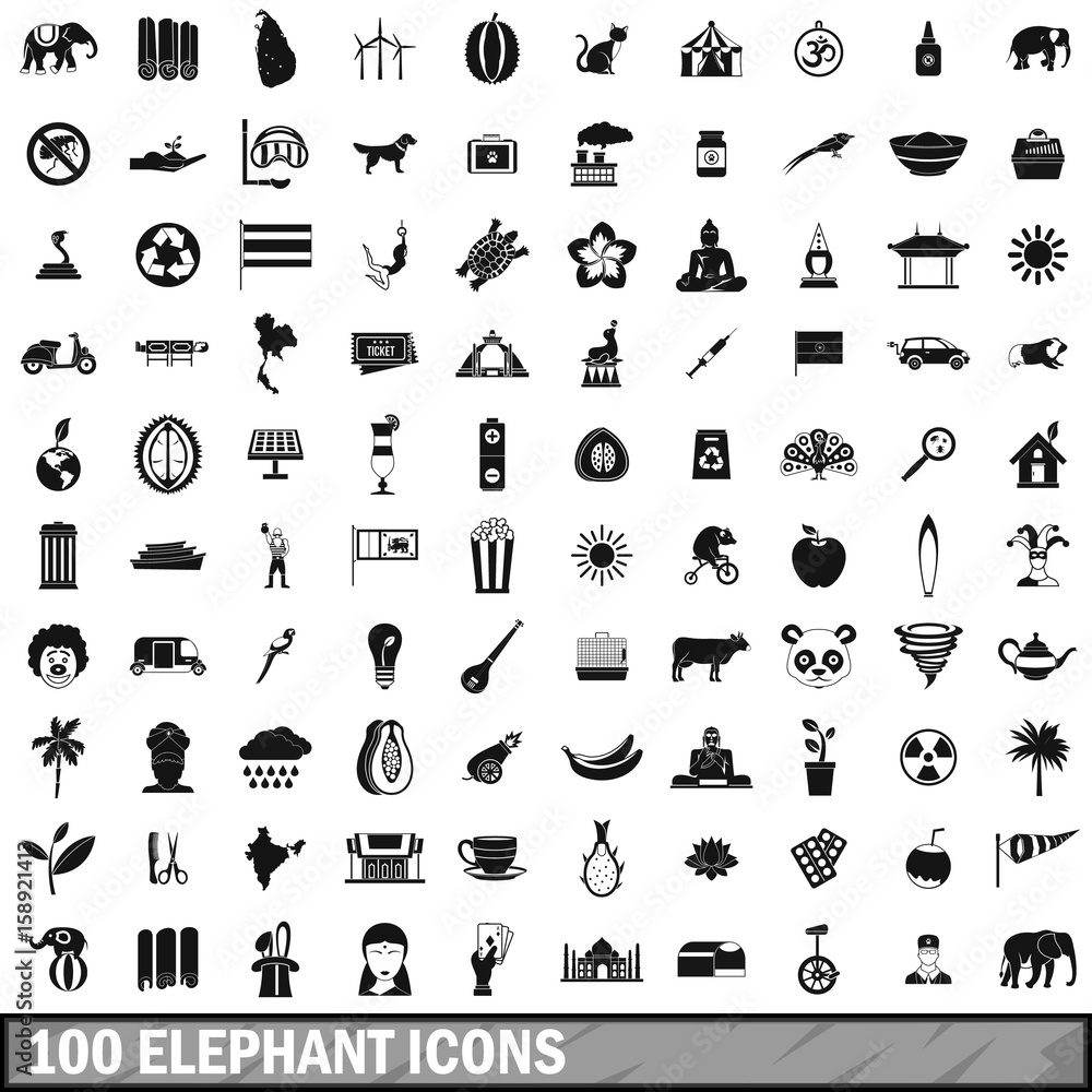 100 elephant icons set, simple style  - obrazy, fototapety, plakaty 