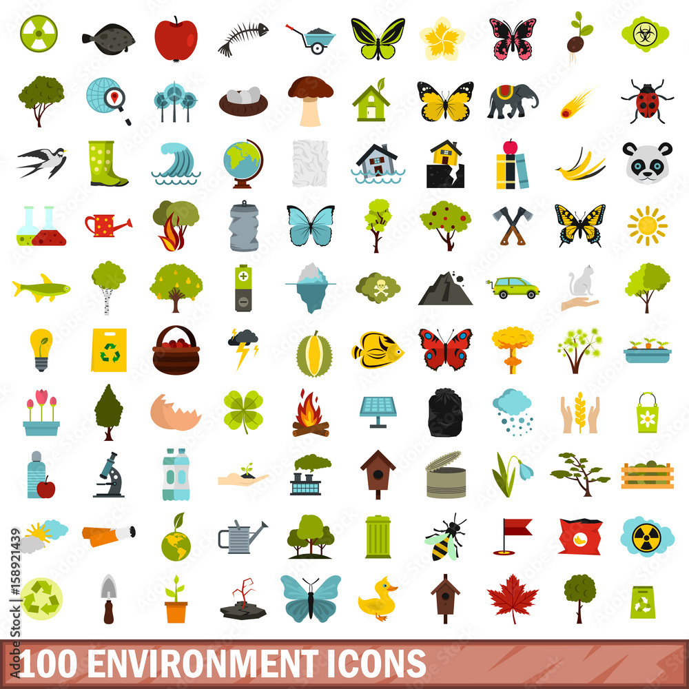 100 environment icons set, flat style