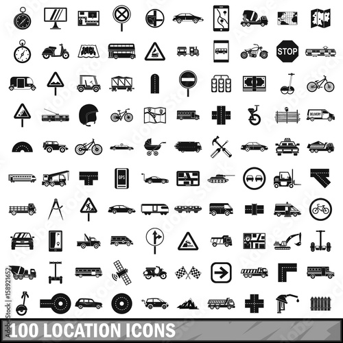100 location icons set, simple style 