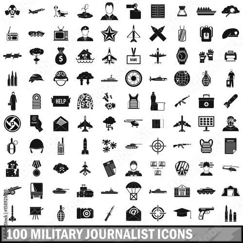 100 military journalist icons set, simple style 