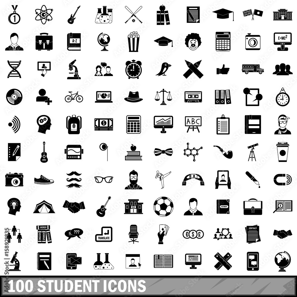 100 student icons set, simple style 