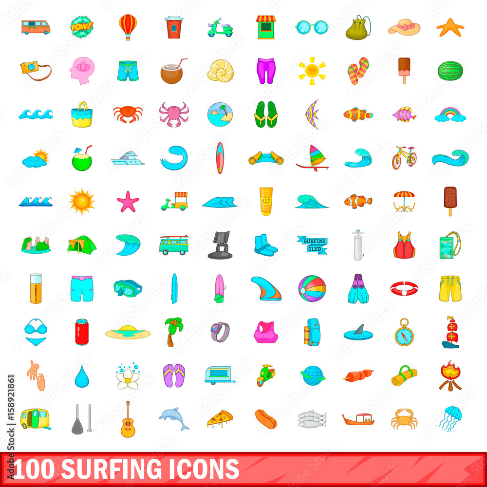 Fototapeta premium 100 surfing icons set, cartoon style