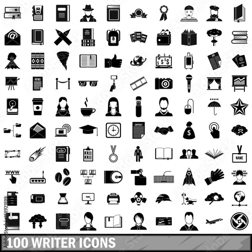 100 writer icons set, simple style 