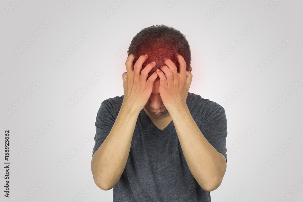 Man has head ache and pain on white background, concept in healtcare Man has head ache and pain on white background, concept in healtcare