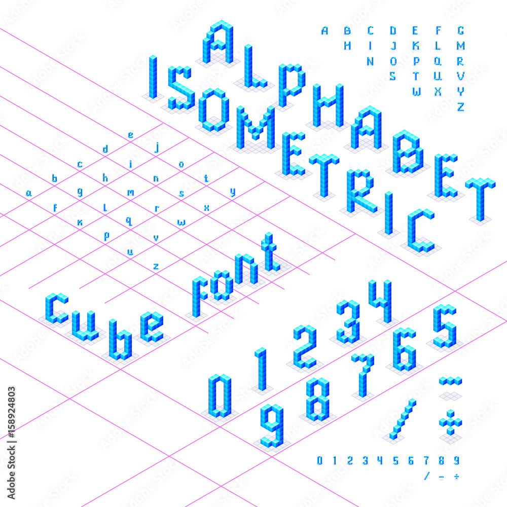 Isometric font, alphabet, abc from blue cubes Isometric font, alphabet, abc from blue cubes