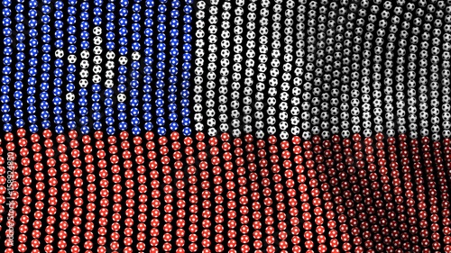 Flag of Chile, consisting of many soccer balls fluttering in the wind, on a black background. 3D illustration.