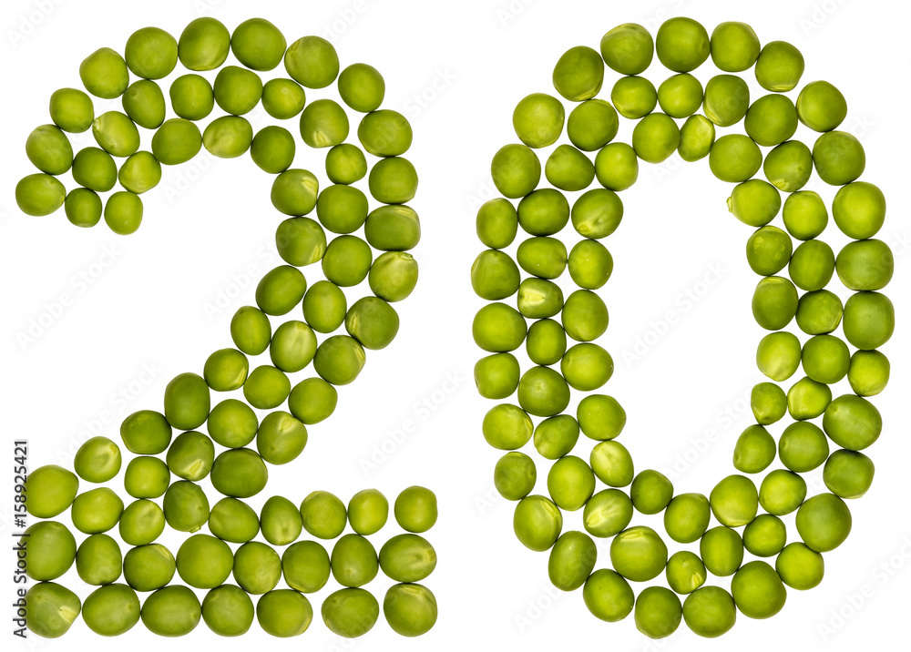 Arabic numeral 20, twenty, from green peas, isolated on white background Arabic numeral 20, twenty, from green peas, isolated on white background