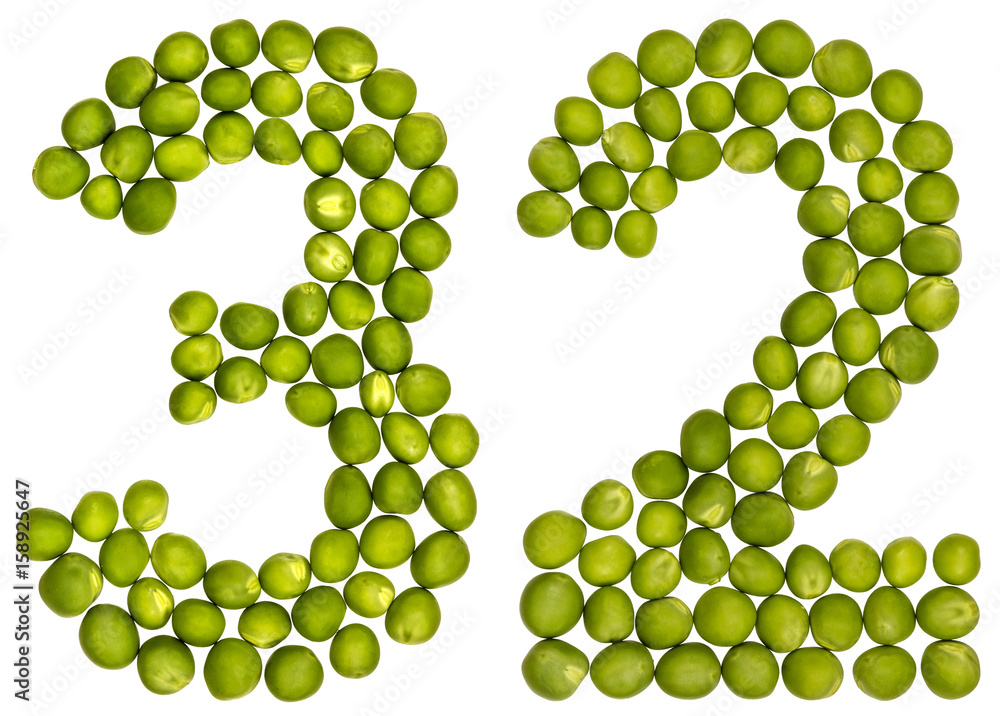 Arabic numeral 32, thirty two, from green peas, isolated on white background Arabic numeral 32, thirty two, from green peas, isolated on white background