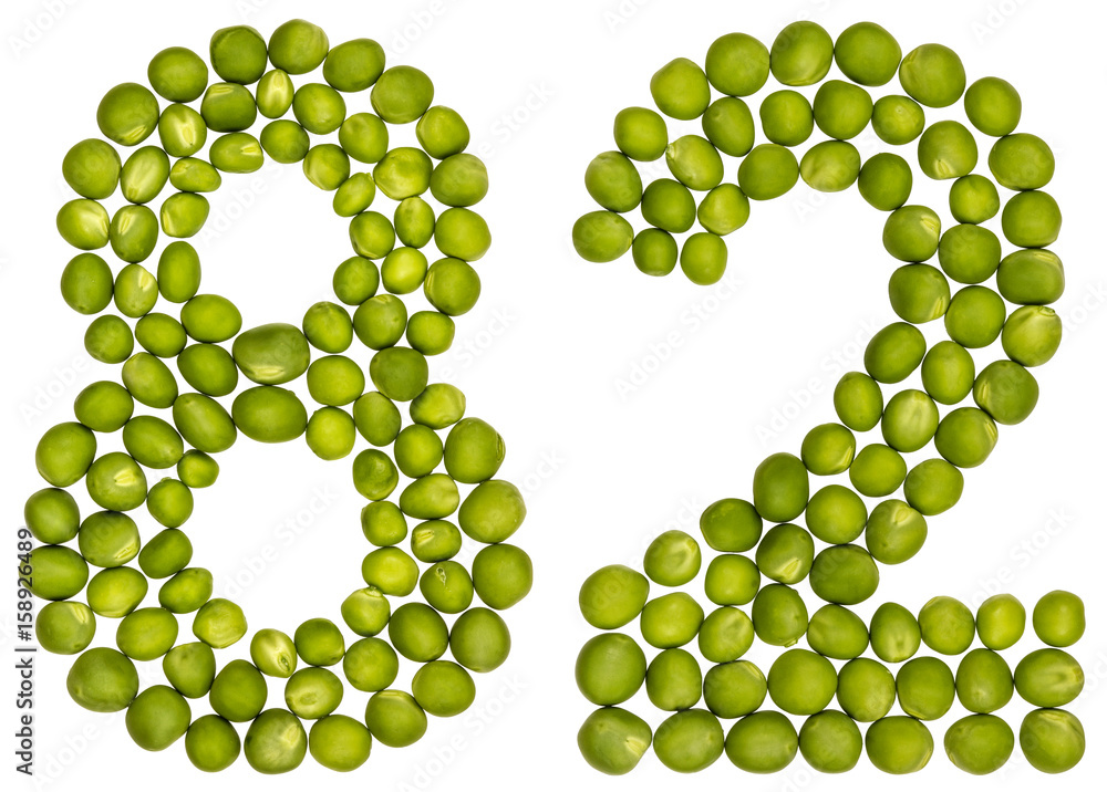 Arabic numeral 82, eighty two, from green peas, isolated on white background Arabic numeral 82, eighty two, from green peas, isolated on white background