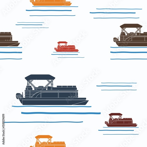 Editable Side View Flat Style Pontoon Boat Vector Illustration with Various Colors as Seamless Pattern for Creating Background of Transportation or Recreation Related Design