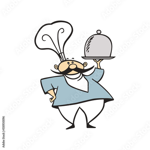 chef hold tray food. vector illustration 