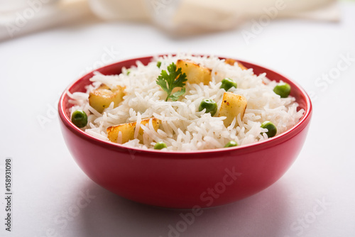 authentic paneer or soya bean or green peas pulav or vegetables rice or veg biryani with paneer cubes and soya chunk, selective focus