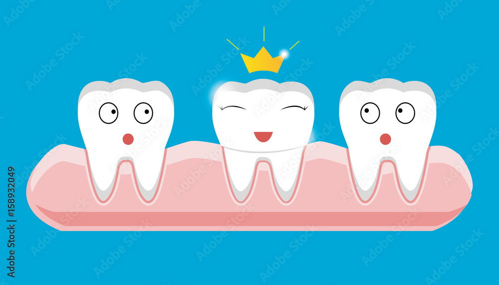 Set of small funny teeth characters scenes, drawing on light blue  background. Stock Vector | Adobe Stock