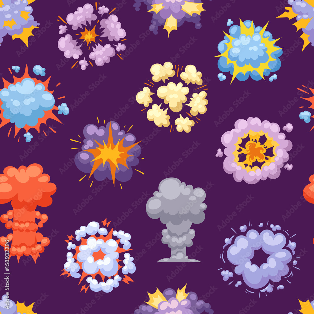 Cartoon explosion boom effect seamless pattern explode burst flame vector illustration.