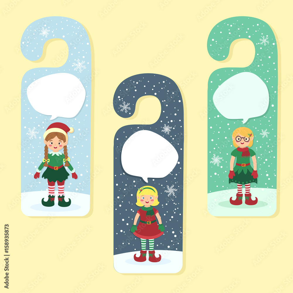 Φωτογραφία Merry Christmas theme door hanger greeting card Elf Elves Girl on snow background