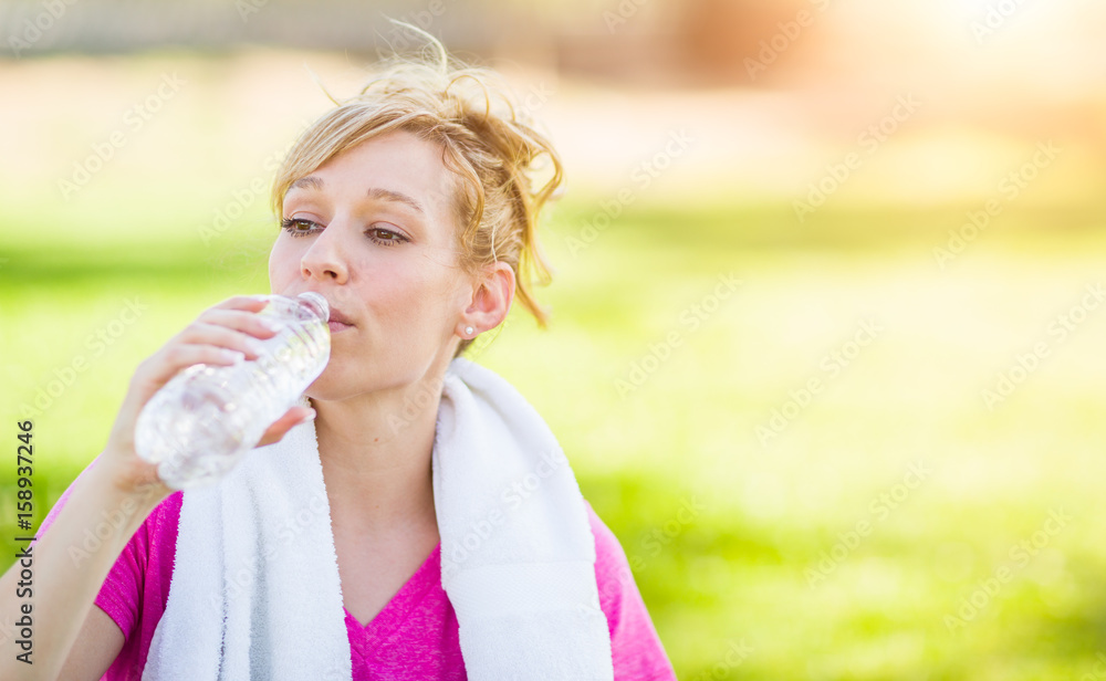 Young Fit Adult Woman Outdoors with Towel Drinking From Her Water Bottle. Young Fit Adult Woman Outdoors with Towel Drinking From Her Water Bottle.