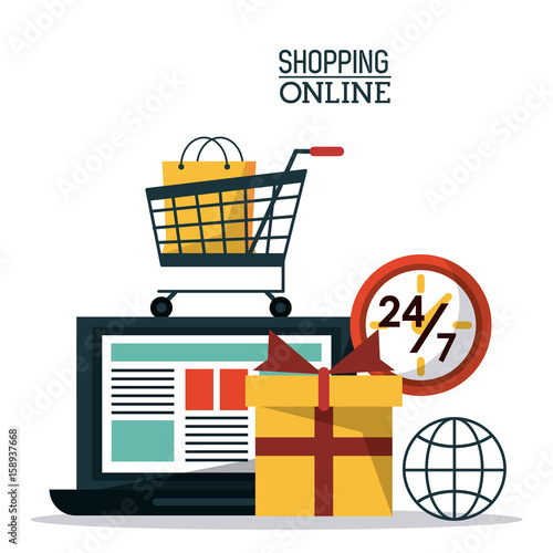 colorful poster shopping online with laptop computer and icons for buying online vector illustration