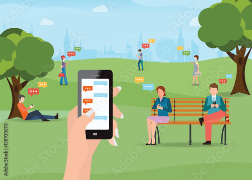 Group of people sitting in the park and texting messages in chat using smartphone.