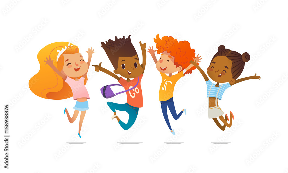 Happy school multiracial children joyfully jumping and laughing isolated on white background. Concept of happiness, gladness and fun. Vector illustration for banner, poster, website, invitation. Happy school multiracial children joyfully jumping and laughing isolated on white background. Concept of happiness, gladness and fun. Vector illustration for banner, poster, website, invitation.