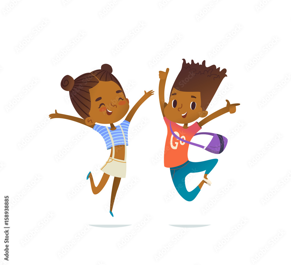 Couple of African American children, boy and girl, cheerfully jumping ...
