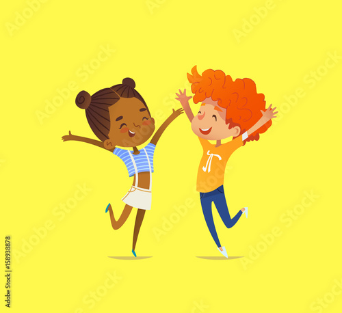 Pair of multiracial kids, boy and girl, happily dance with their hands up, smile and rejoice. Concept of delight, joy and cheerfulness. Vector illustration for banner, poster, website, advertisement.
