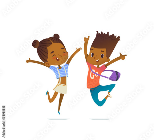 Couple of African American children, boy and girl, cheerfully jumping with their hands up. Concept of positive emotions and celebration. Vector illustration for banner, poster, website, postcard.