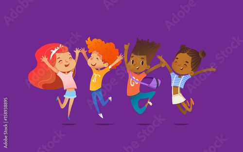 Joyous school friends happily jumping with their hands up against purple background. Concept of true friendship and friendly meeting. Vector illustration for website banner, poster, flyer, invitation.