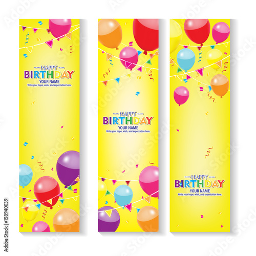 Print Editable yellow background vertical happy birthday banner with balloon and confetti decoration set.