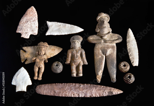 Canvas Print Pre Columbian figures,spindle whorls and arrowheads.