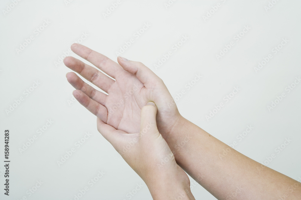 Naklejka premium Model The Do In is an automassage technique of chinese origin, then imported in Japan This technique is based on the pressure of certains points (acupressure) aiming at correcting body disorders Pressure of the point Thenar Eminence Aim: treatment of insomnia, vertigo, relieve back pain