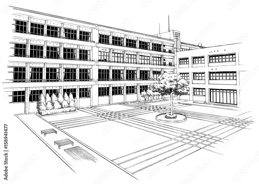 Fototapeta premium 漫画風ペン画イラスト 学校