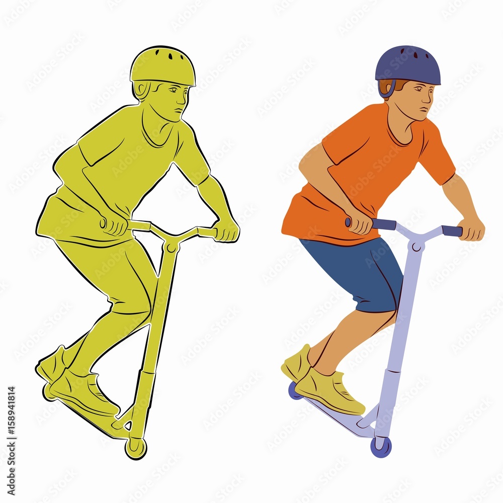Obraz premium illustration of a boy on a scooter, vector draw