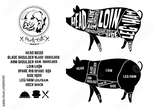 pork cuts, American cut icon in Vintage Style Vector illustration  