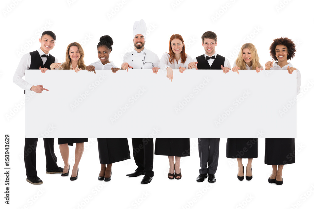 Restaurant Staff Holding Long Blank Banner Restaurant Staff Holding Long Blank Banner