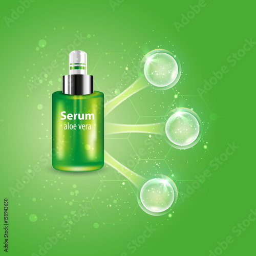 Bottle of aloe vera serum with hyaluronic acid, abstract infographics diagram