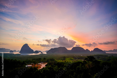 Beautiful sunrise of Samed Nang She from viewpoint in Phang Nga