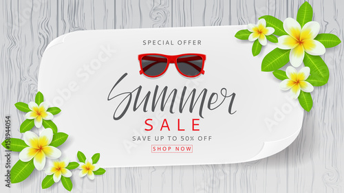 Web banner with flowers for summer sale. Beautiful background with plumeria flowers on wooden texture. Vector illustration with paper.