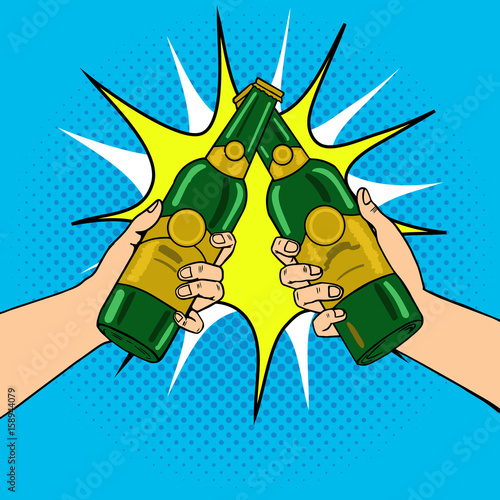 Clink beer bottles pop art vector illustration