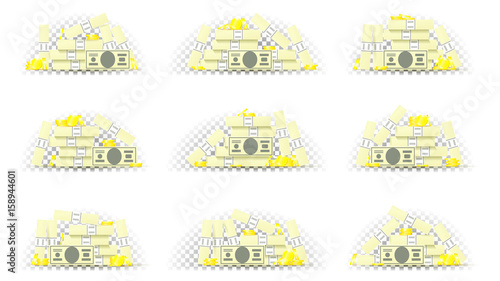 Set of paper money with golden coins in different position. Collection of greenbacks and metal money isolated on transparent backdrop. Vector illustration.