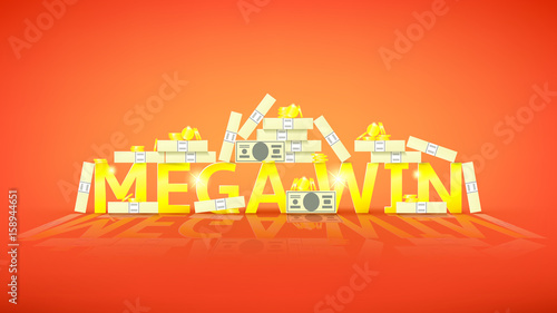 Mega win retro banner with money. Vector illustration with golden coins and paper greenbacks. Label for winners of poker, cards, roulette and lottery.