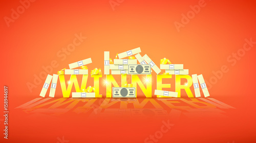 Winner retro banner with money. Vector illustration with golden coins and paper greenbacks. Label for winners of poker, cards, roulette and lottery.