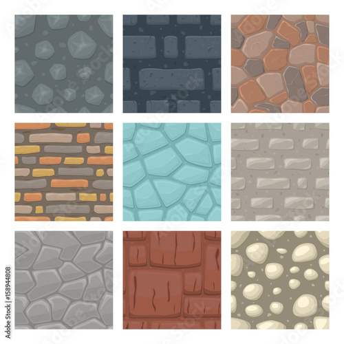 Set of seamless patterns with stones and bricks. Collection of vector textures for games isolated on white background.