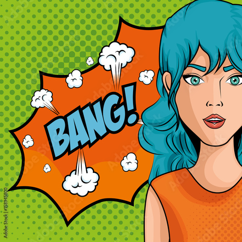 blue haired woman comic like pop art icon with bang sign over green dotted background vector illustration